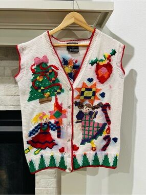 Vintage 1992 Berek Hand Knit Ugly Christmas Colorful Holiday Vest *Flaws
